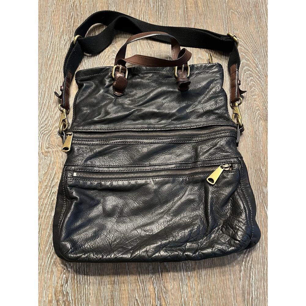 Vintage Fossil Explorer Black Leather Foldover Satchel Crossbody‎ Bag